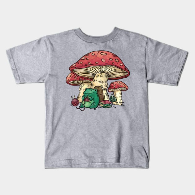 Cute Frog Knitting Mushrooms Cottagecore Farmcore Countrycore Kids T-Shirt by Sassee Designs